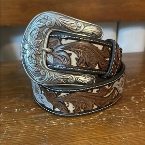 Western Tooled Leather Belt with Silver Buckle
